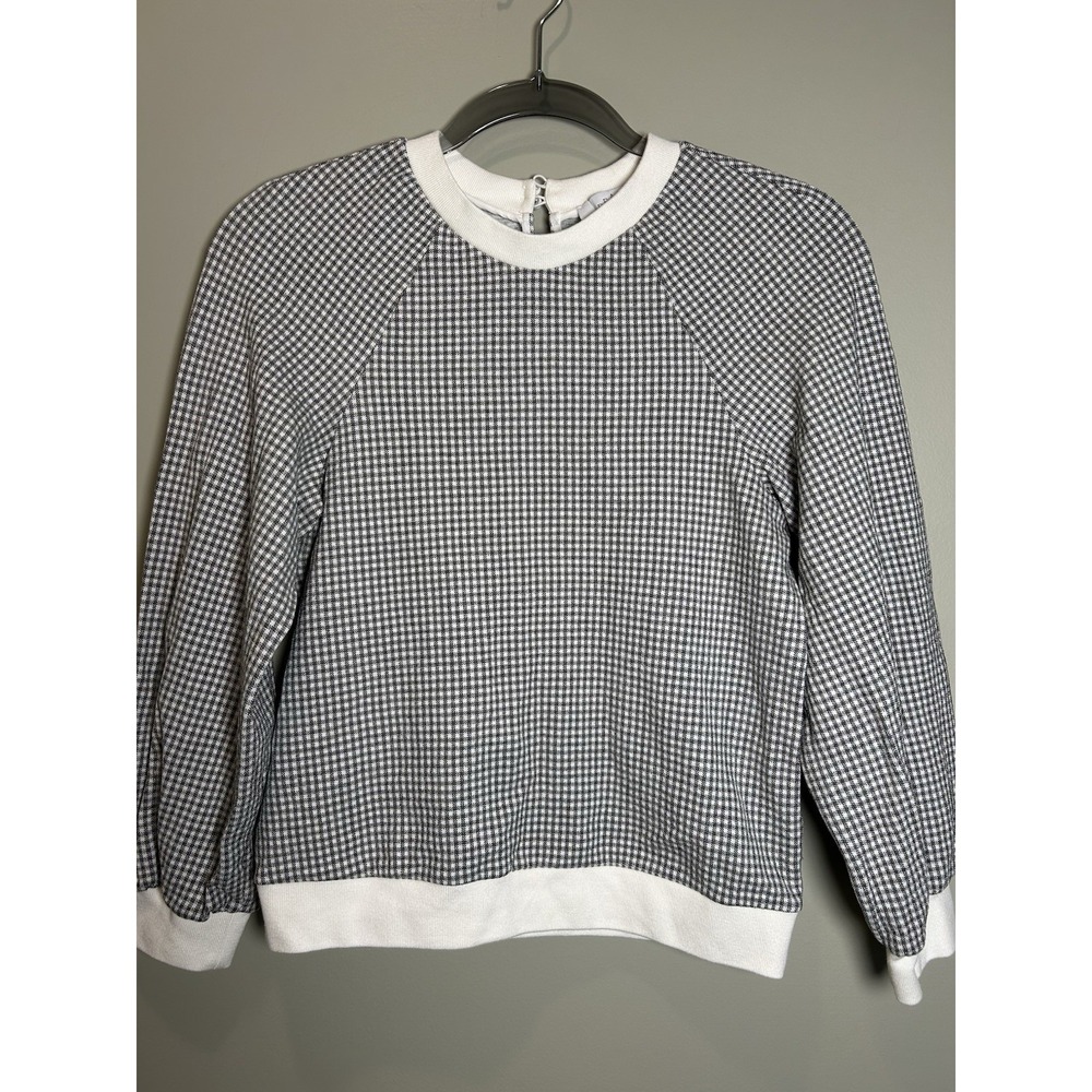 PEARL by Lela Rose XS Grey and White Gingham Crewneck Pullover Long Sleeve Top - Picture 2 of 12
